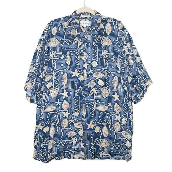 Vintage Mario Ferrari Men's Blue Rayon Short Sleeve Beach Hawaiian Shirt Size XL - Picture 1 of 6